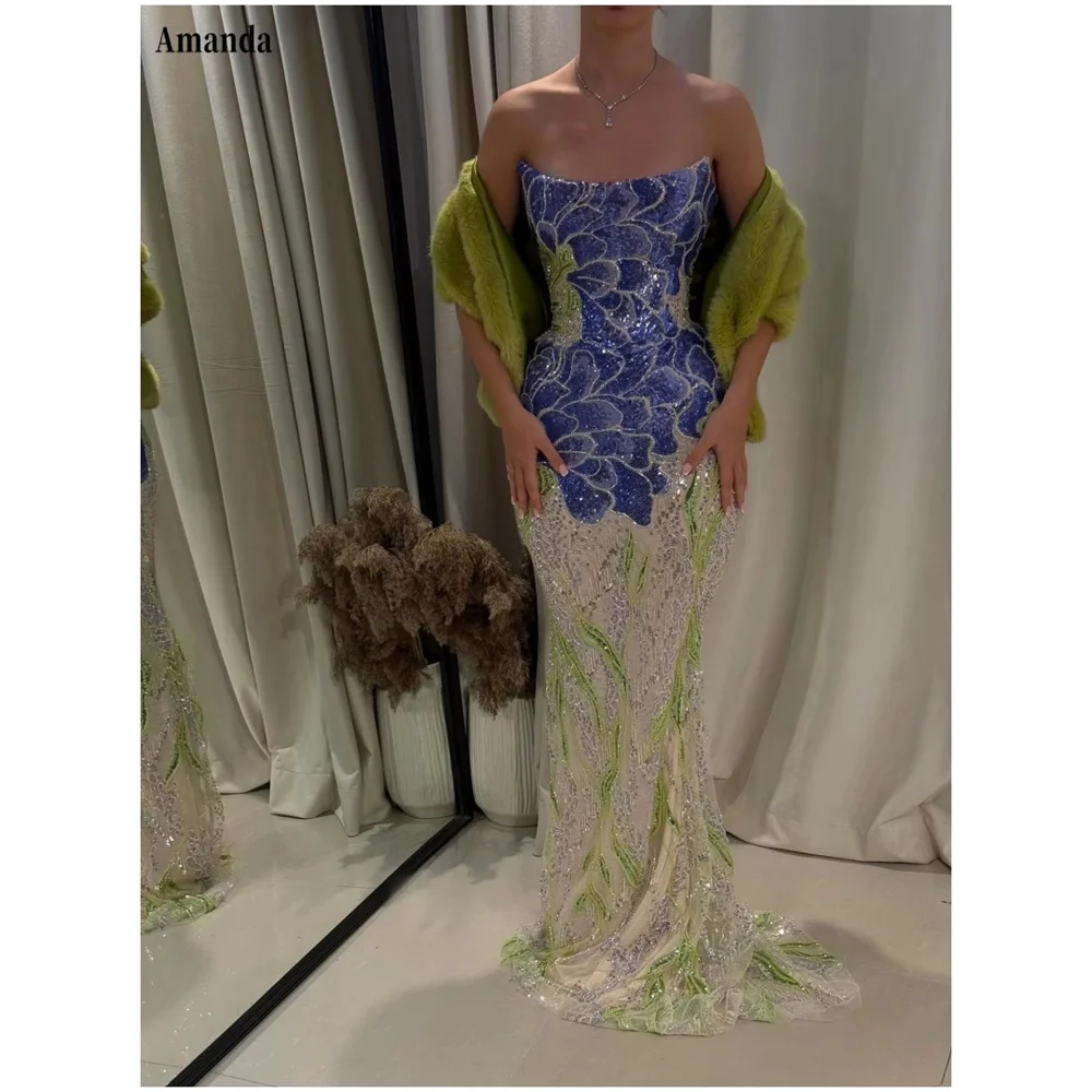 Amanda Customized  Strapless Floral Beaded Mermaid Dress Prom gown Sequin Embroidered Floor‑length Sequin vestidos de noche 2026