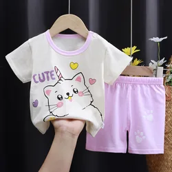 Summer Girls Short Clothes Suit Cute Cat Cotton Short Sleeved Top +Shorts 2pcs Set Children Casual Toddler Kids Girl Pyjamas