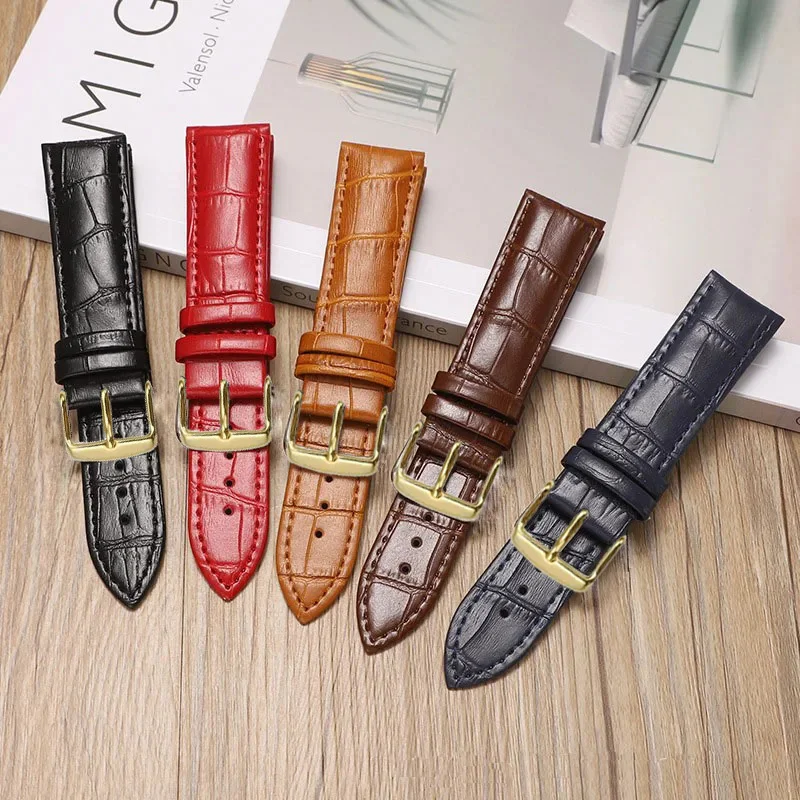 Gold Buckle Leather Watch Strap Fashion Black Brown Replacement Watchband 7 Colors Available 12/14/16/17/1/19/20/21/22/24mm