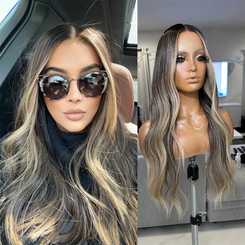 Dark Blonde Highlight Synthetic Lace Top Wigs Long Brunette Wavy Realistic Look Wig Natural Hairline Glueless Lace Front Wigs