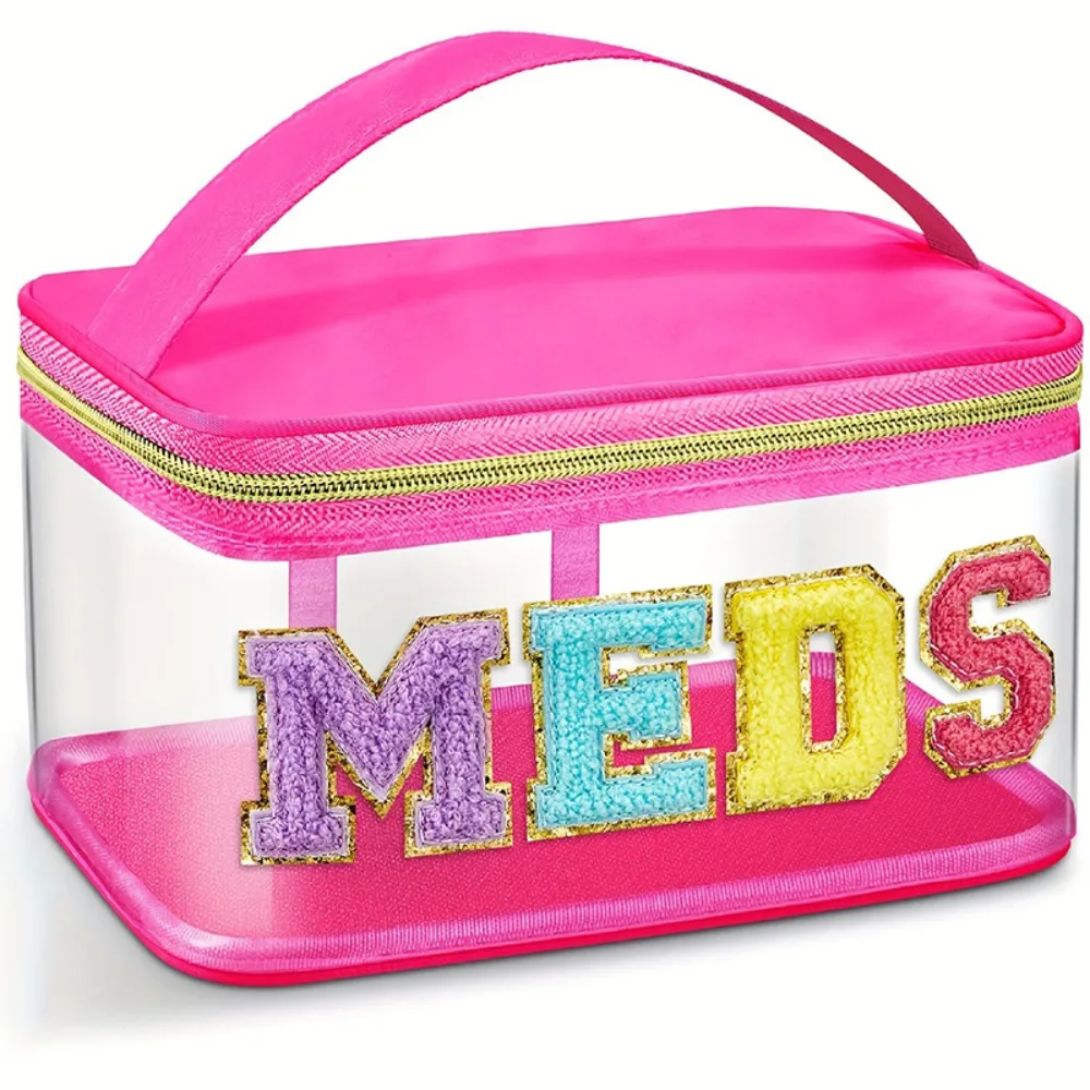 

Waterproof Embroidery Cosmetic Bag Letter Patches PVC Transparent Wash Bags Large Capacity with Handle Toiletry Storage Pouch