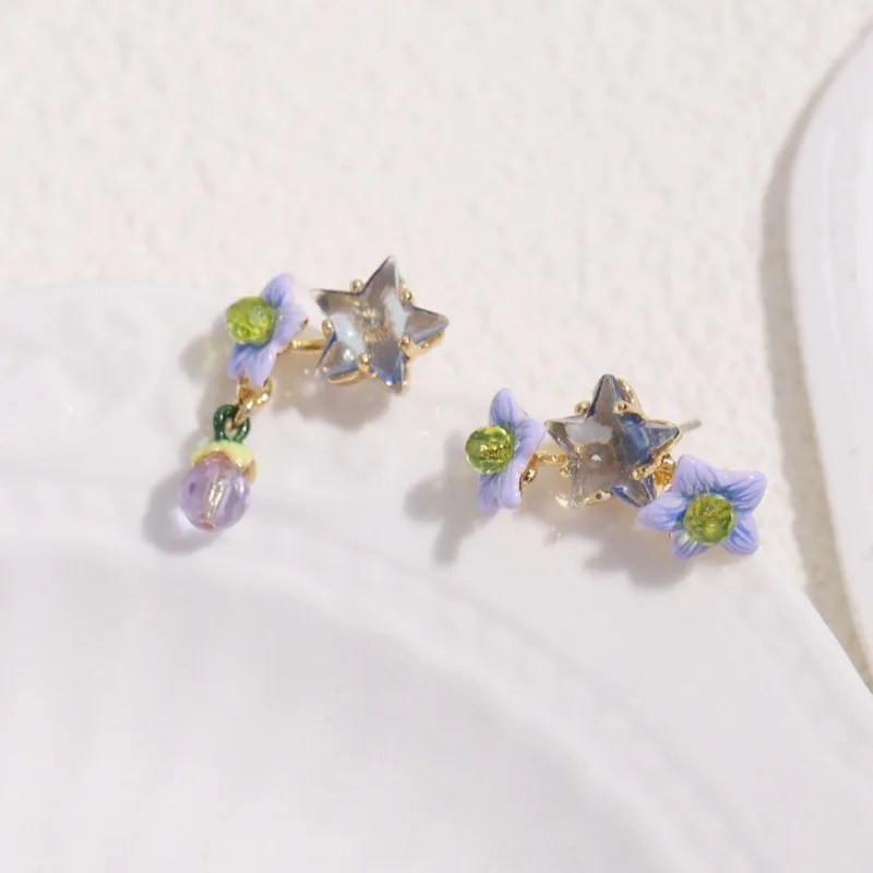 

New Bohemia Gentle Style Fairy Series Star and Blue Jasmine Asymmetric Stud Earrings, Ear Clip, Ring for Women, Black Butterfly