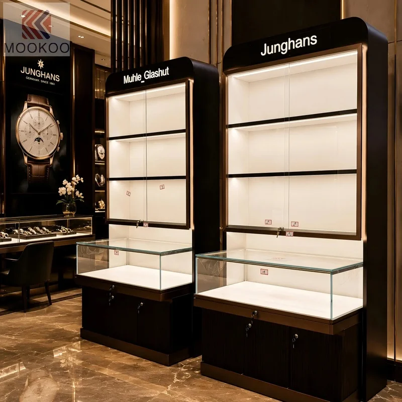 custom.Dark Wood Watch Display Cabinet with LED Light Watch Shop Glass Showcase with Storage