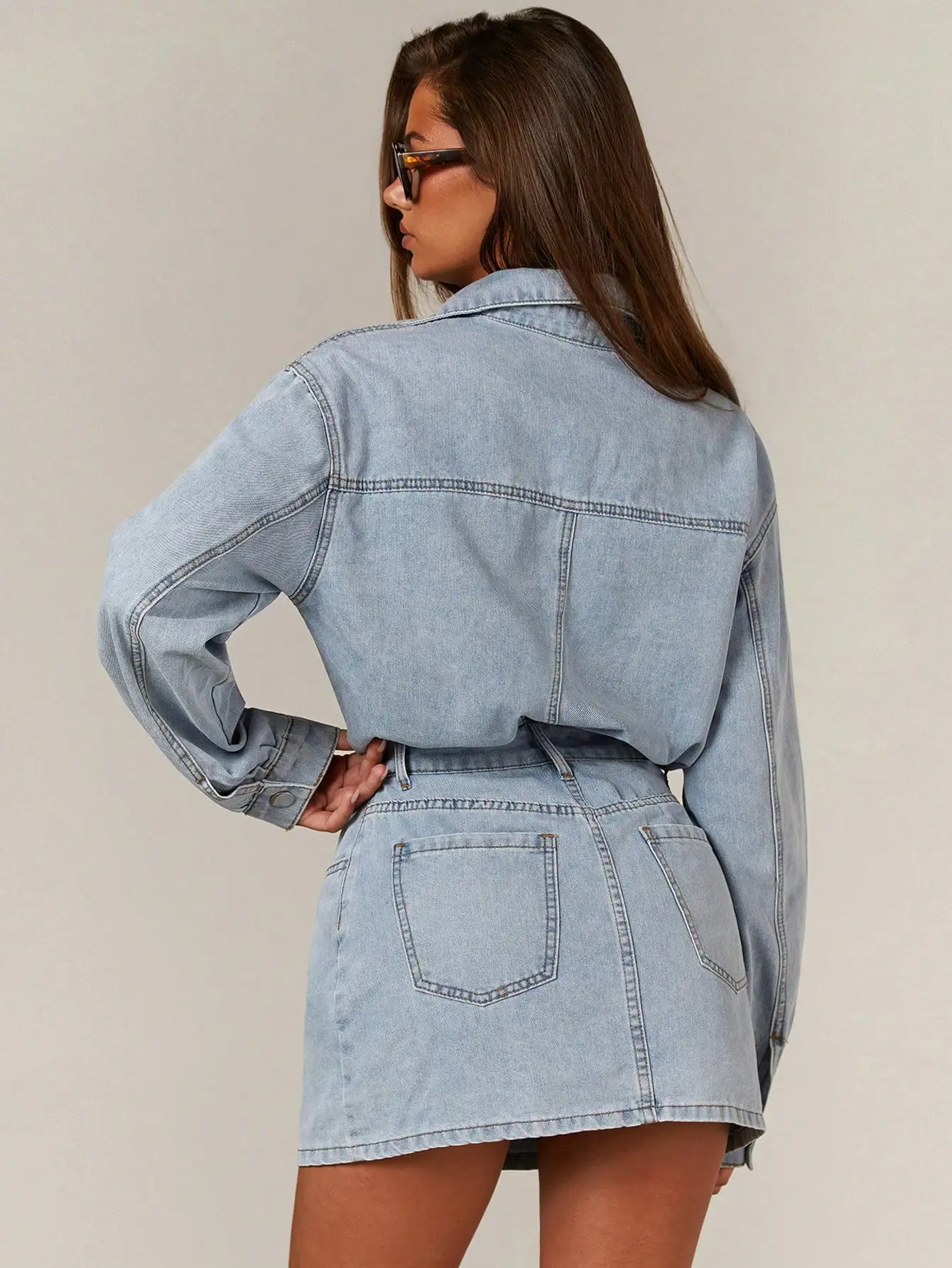 

Women's Denim Button Up Long Sleeve Mini Dress Casual Vintage Western Wear