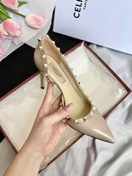 luxury women's shoes 2024 Brand Woman Sandals Rivets Summer Ladies High Heels Shoes Female Leather Pointed Toe Pumps Fashion