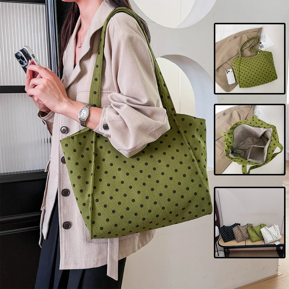 Tote Bag Corduroy Polka Dot Handbag Multi Color Lightweight Trendy Casual Outing Weekend Trip