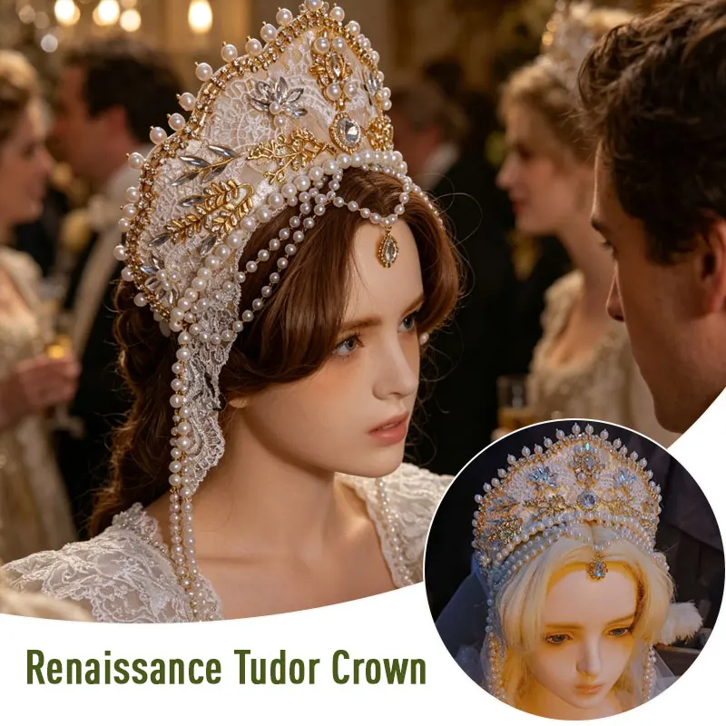 

Medieval Royal Tudor Crown Lolita Gothic KC Headdress Headband Renaissance Gorgeous Bead Chain Hair Jewelry Cosplay Hat