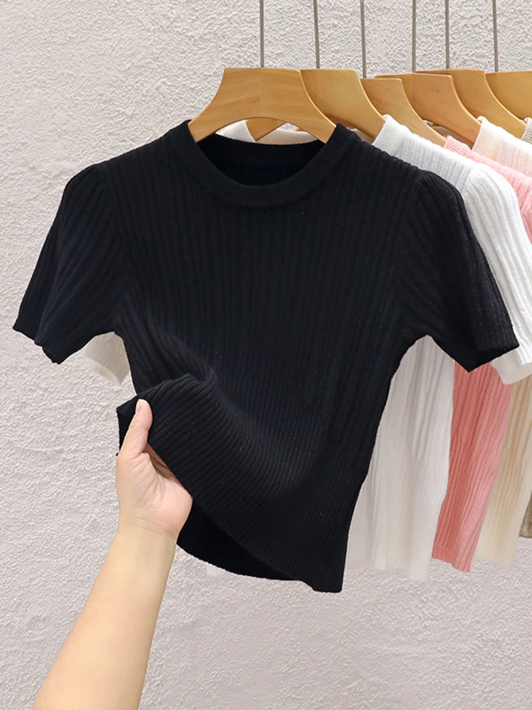 2024 Summer T shirts for Women Casual Female Korean Knit Streetwear Tees Basic Solid Young Cool Tops