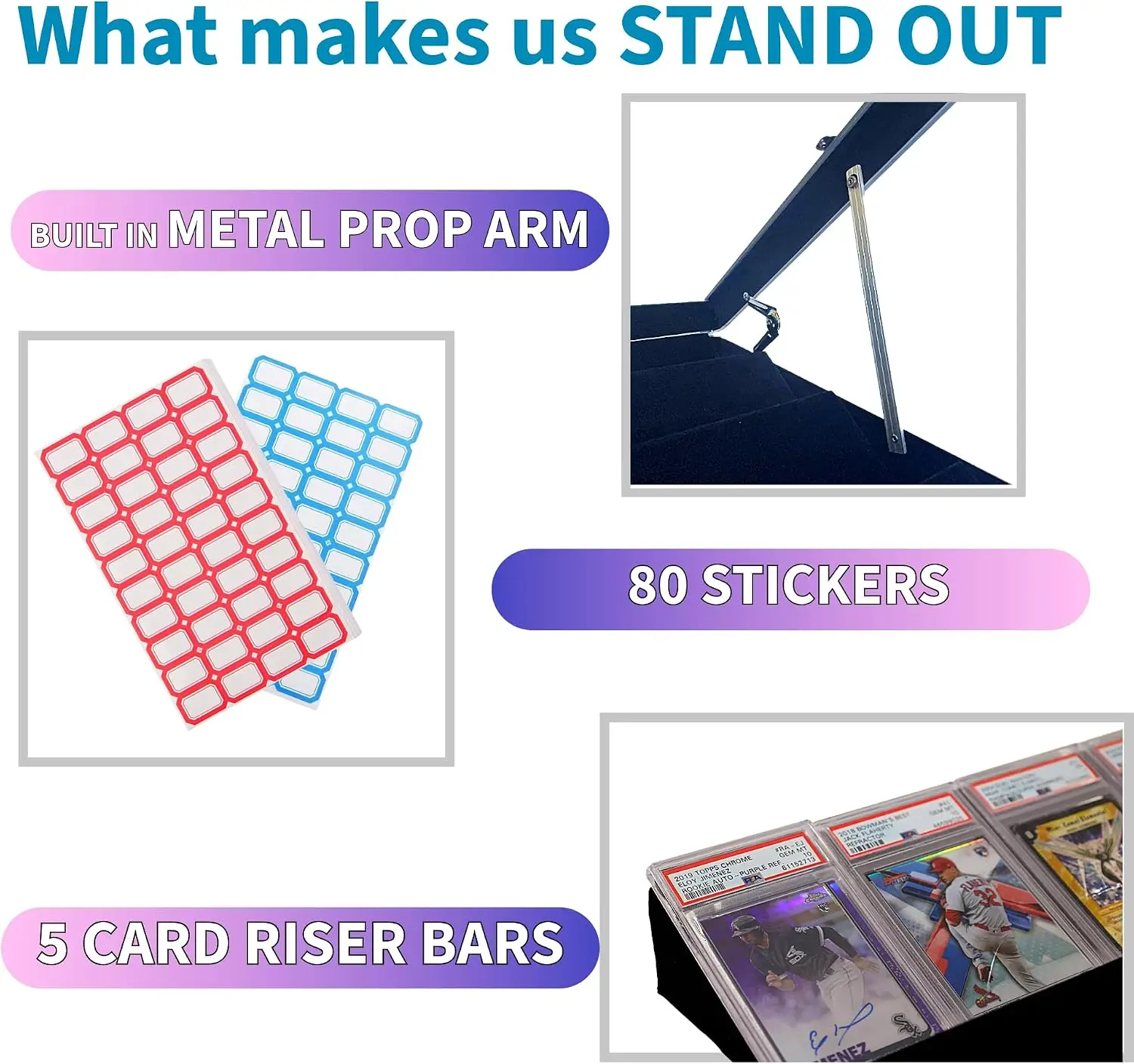 Brand new Professional Large Card Display Case (5 Card Riser Bars, Built-in Prop Rod and 80 Stickers) | 34 x 22 inches