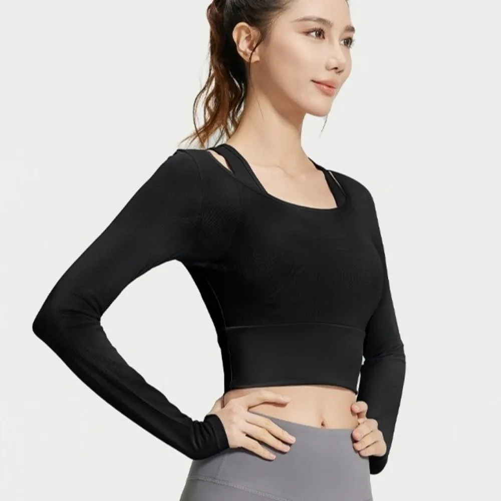 

Топ для фитнеса и йоги с длинными рукавами, фиксированная накладка на грудь, дизайн для похудения, рубашки для йоги, пуловер, сетчатая футболка для тренировок