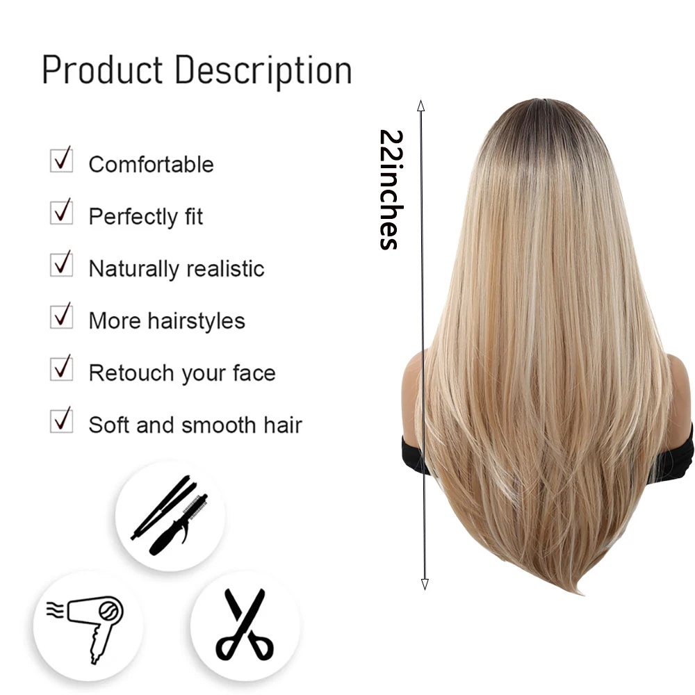 Balayage Blonde Long Straight Wigs with Bangs Women Layered Ash Blonde Wig Dark Roots Soft Natural Synthetic Hair For Daily Wear