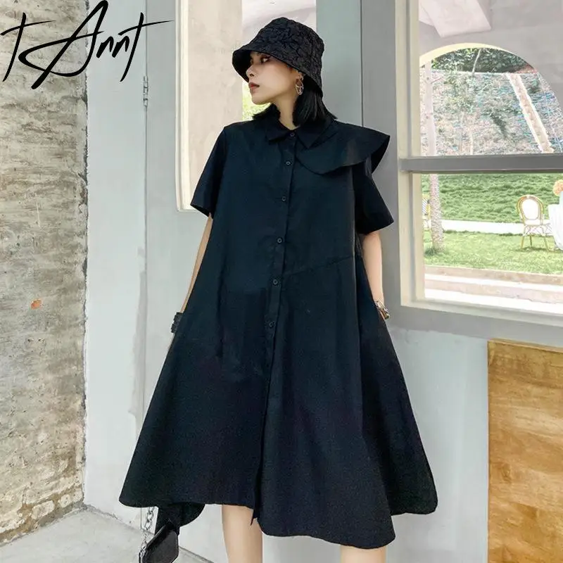 

Tannt Women Dress Asymmetry Patchwork Black Shirts Dresses Irregular Short Sleeves Loose Leisure Long Dresses 2024 New