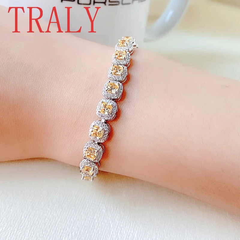 

925 Sterling Silver Luxury Bracelet for Women Inlaid Square Yellow Colored Gemstone Bangles Hight Quality Jewelry Party Gift