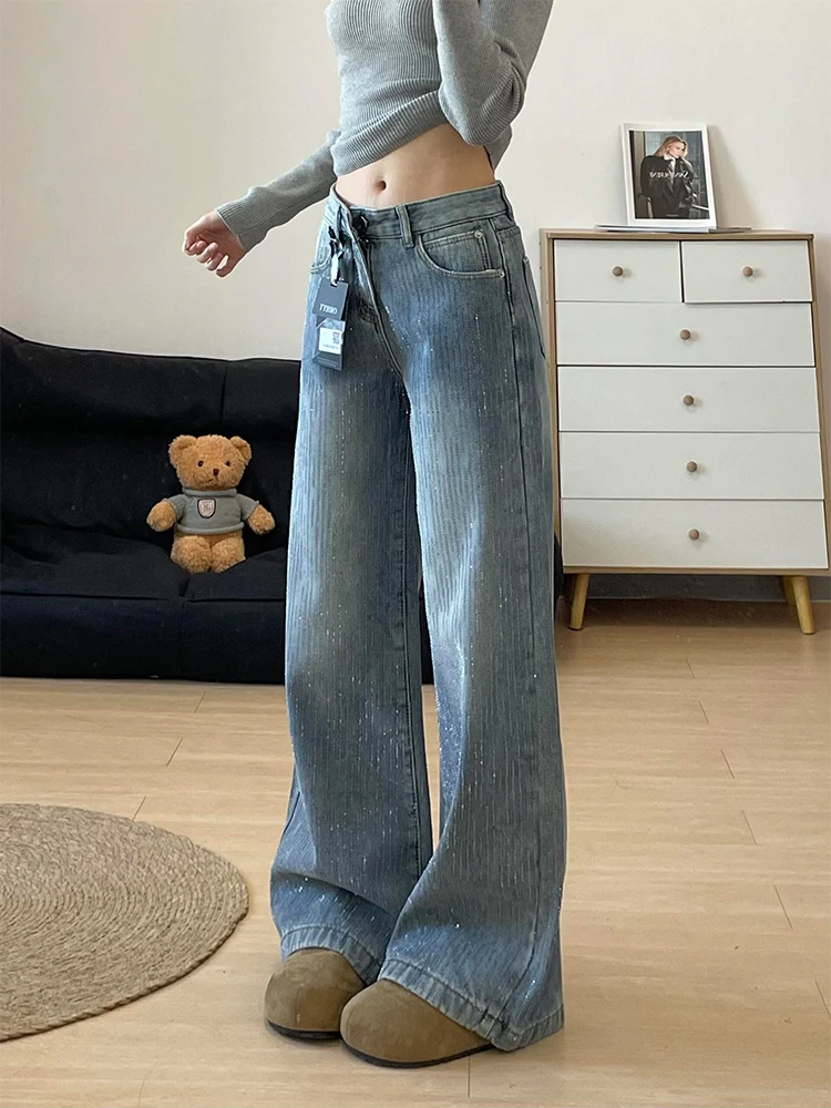 レトロな輝きのダイヤモンドストレートレッグジーンズ レディース 秋の新作 ハイウエストワイドレッグデニムパンツ 女性用通勤パンツ