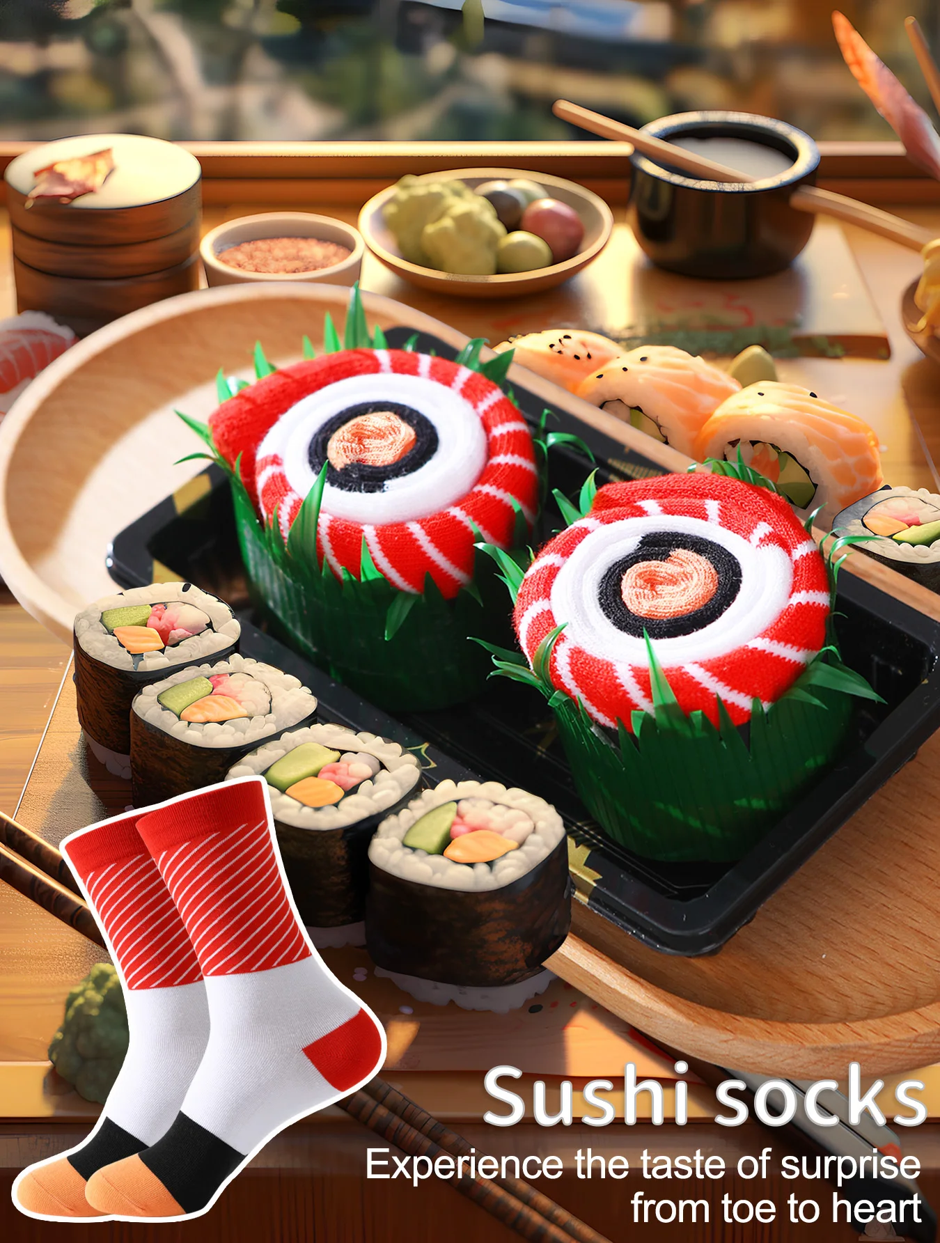 1 par de calcetines de hombre a media pantorrilla, calcetines de sushi novedosos e interesantes, estilo moderno de moda europea y americana, cómodos y transpirables, adecuados para mamá, fiesta de amante, regalos novedosos informales, San Valentín, Año Nuevo, mismo estilo para hombres y mujeres, otoño e invierno