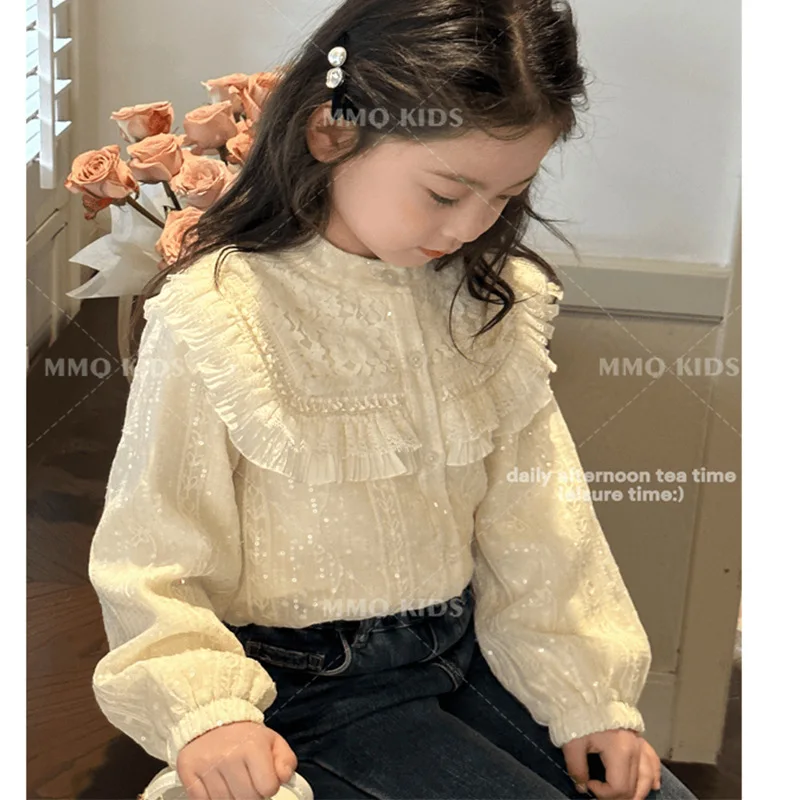 

Baby Girs Blouses & Shirts Stand Collar Lantern Sleeve Shirt Outer Wear Casual Simple T-shirt Loungewear Outfit
