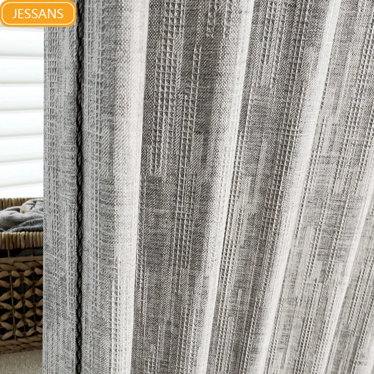 Beige Textured Jacquard Wool Linen Blackout Curtains for Living Room French Window Customized Finished Partition Curtain