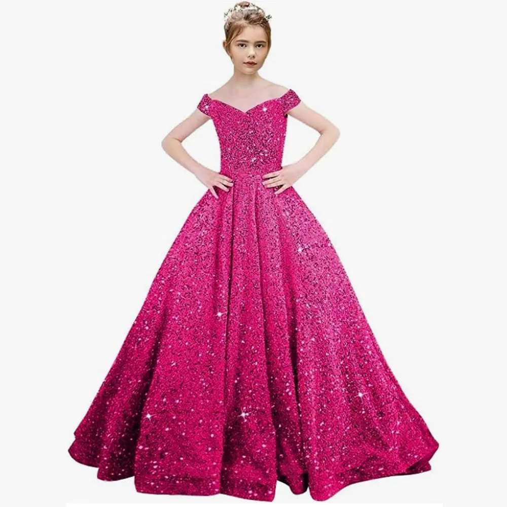 Robes De Fête Pour Filles 2023 New Velvet Sequin Beading Off-Shoulder Little Kid Birthday Formal Party Gown Toddler Teens Pink