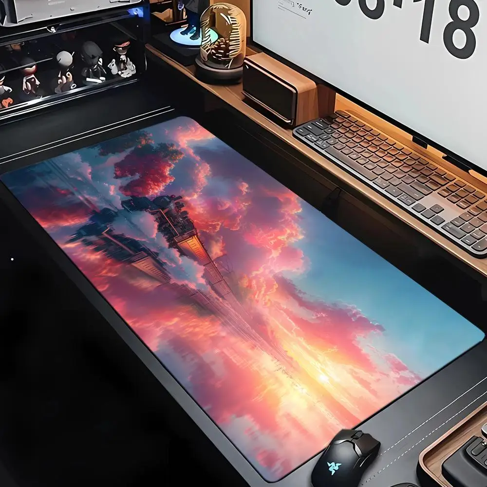 기차 애니메이션 풍경 마우스 패드 대형 컴퓨터 게임 콘솔 고무 미끄럼 방지 잠금 가장자리 키보드 패드 사무실 확장 데스크 패드