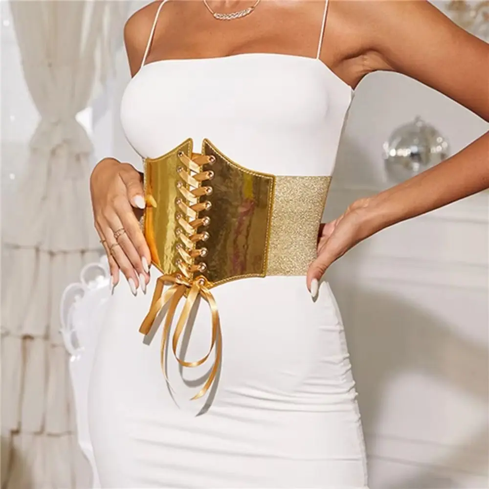 

Personality PU Leather Gold Cummerbunds Dress Girdle Elastic Female Waistband High Waist Wide Waist Belt Corset