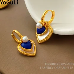 Fashion Jewelry 925 Silver Needle Vintage Temperament Blue Color Heart Earrings For Women Party Gifts Simply Design Accessories