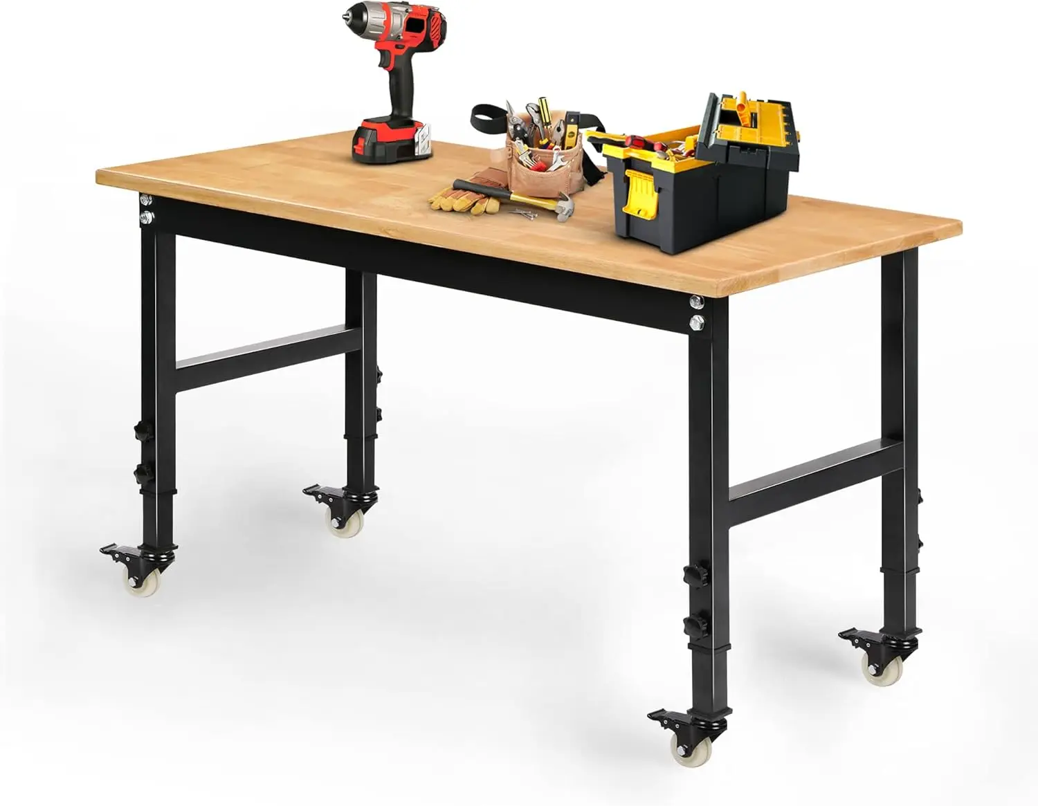 

48" Heavy-Duty Adjustable Workbench for Garage Rubber Wood Shop Table W/Metal Wheels Hardwood Workstation Over 2000 Lbs