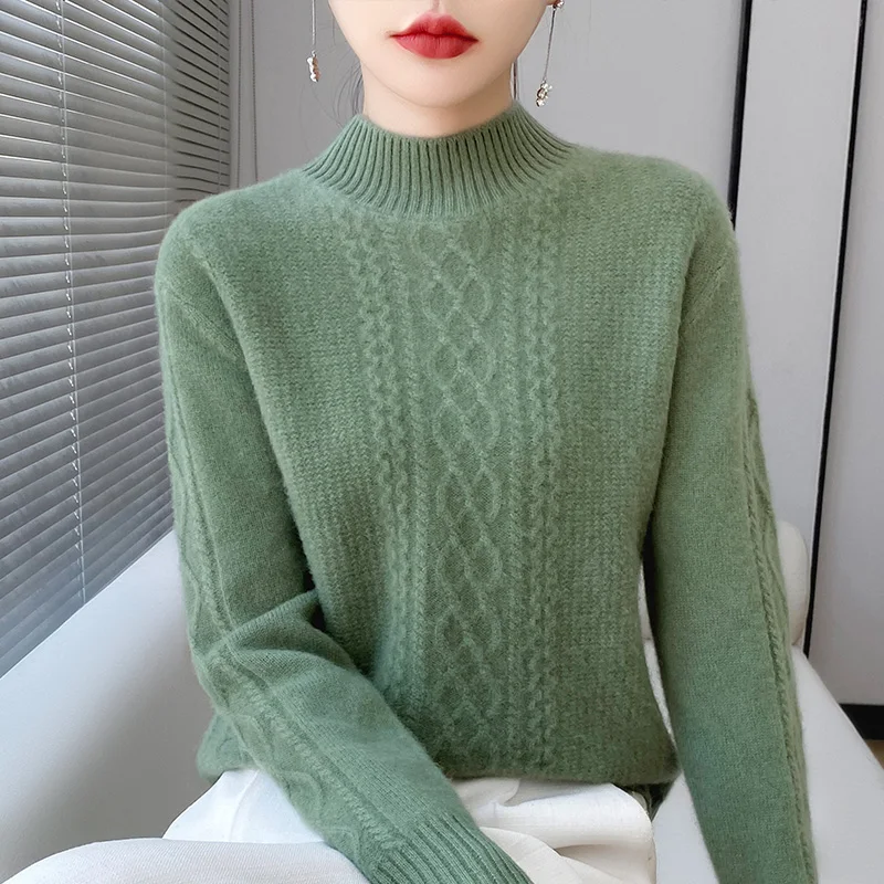 Luxury 100% pure wool women's semi-turtle neck autumn and winter new jacquard padded loose knit bottoming shirt