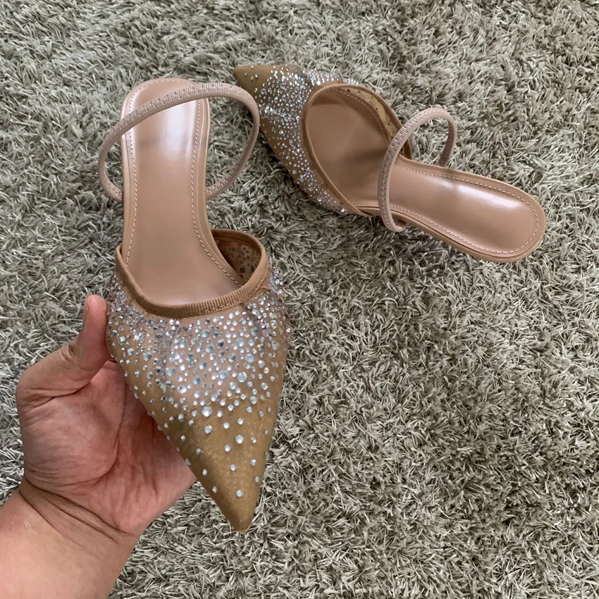 Moda letnie damskie buty na wysokim obcasie siatkowe Rhinestone Slingback kobieta czółenka szpiczasty nosek wysokie sandały na obcasie eleganckie