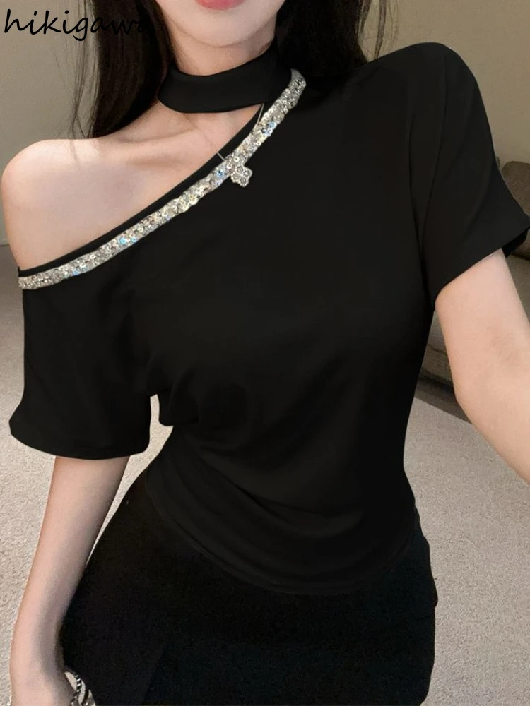 

Sexy Woman Tshirt Temperament Tops Stand Neck Short Sleeve Tunic Tees Summer Camisetas Y2k Tops Off Shoulder Sequin Chic T-shirt