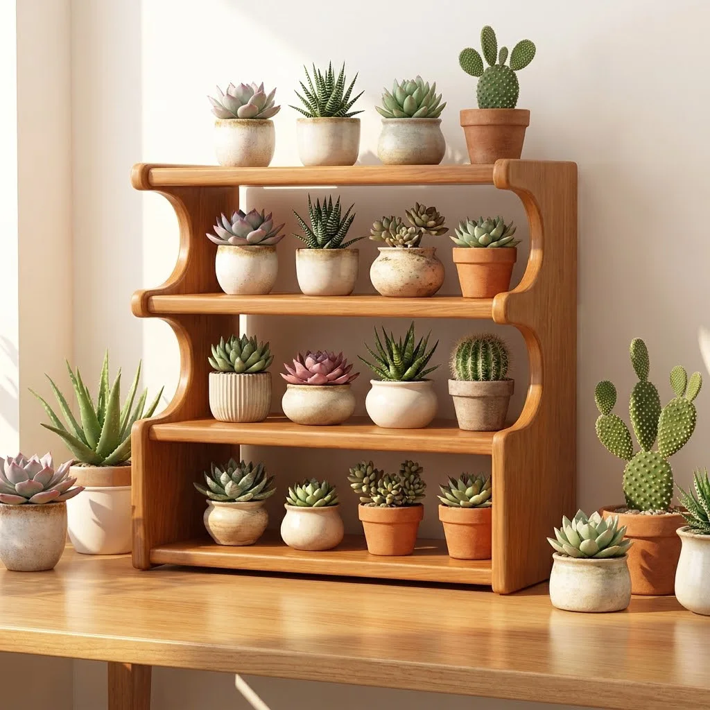 Solid wood succulent green plant display stand Indoor desktop storage rack Coffee cup tea set Multi-layer storage rack