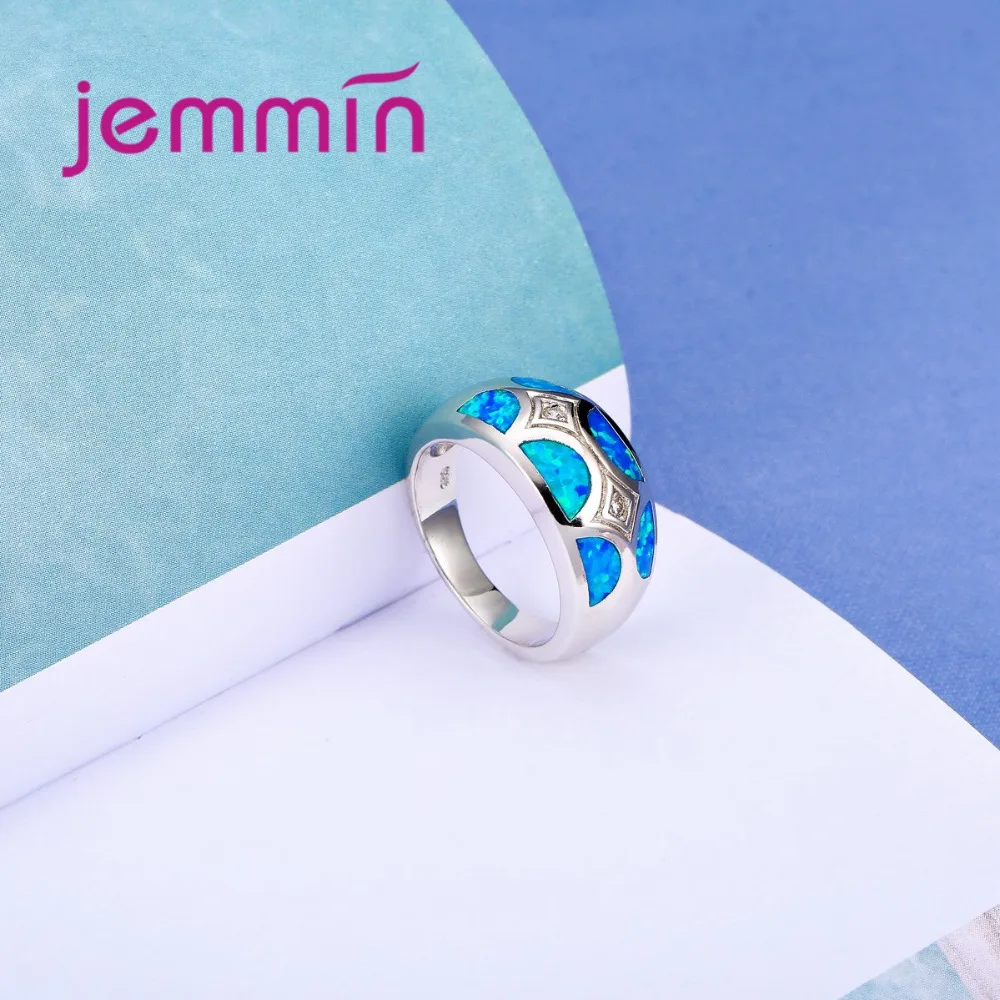 Geometric Design 925 Sterling Silver  Blue Fire Opal Rings For Women Fashion Jewelry Elegant Wedding Rings