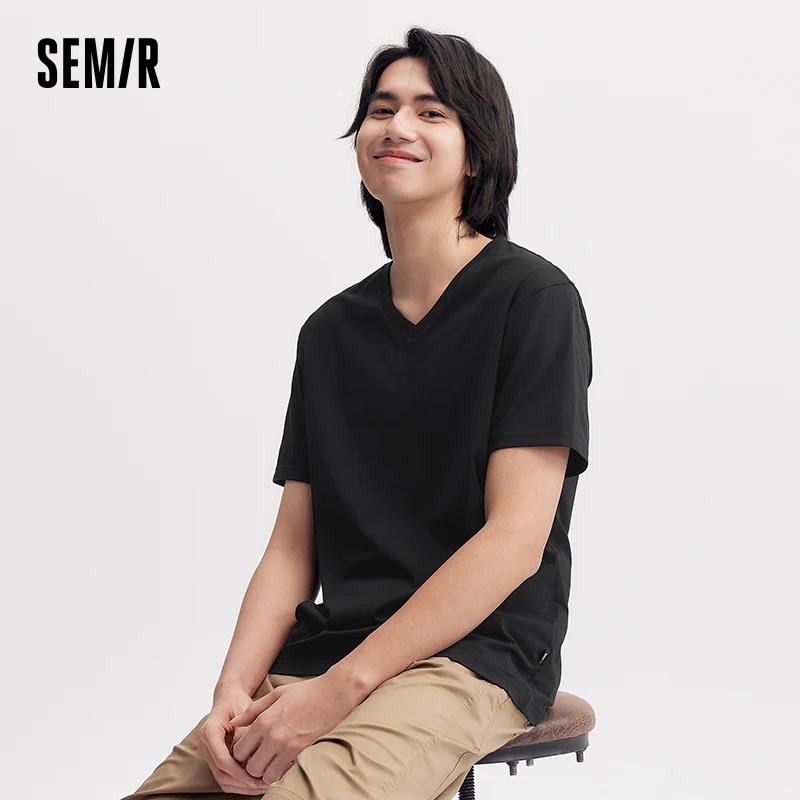 Semir Men T-shirt Slim-Fit V-Neck Top Simple And Versatile Summer New Arrival 2024 Solid Color Tee Top Men