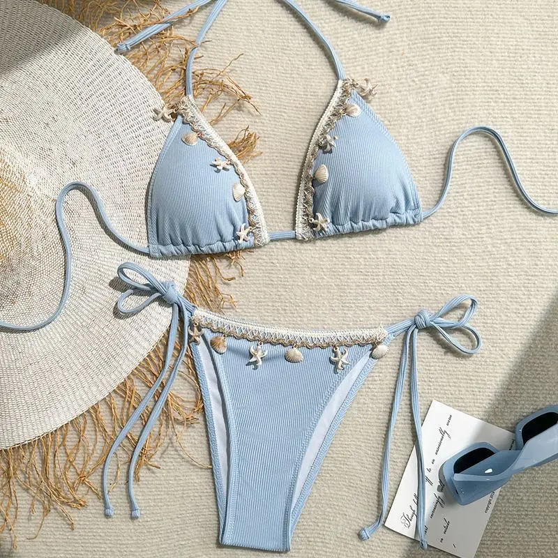 Women's Sexy Halter Triangle Bikini Top 2025 New Arrival Swimwear with Shell & Starfish Design Trendy Beachwear Two Pieces Bikin