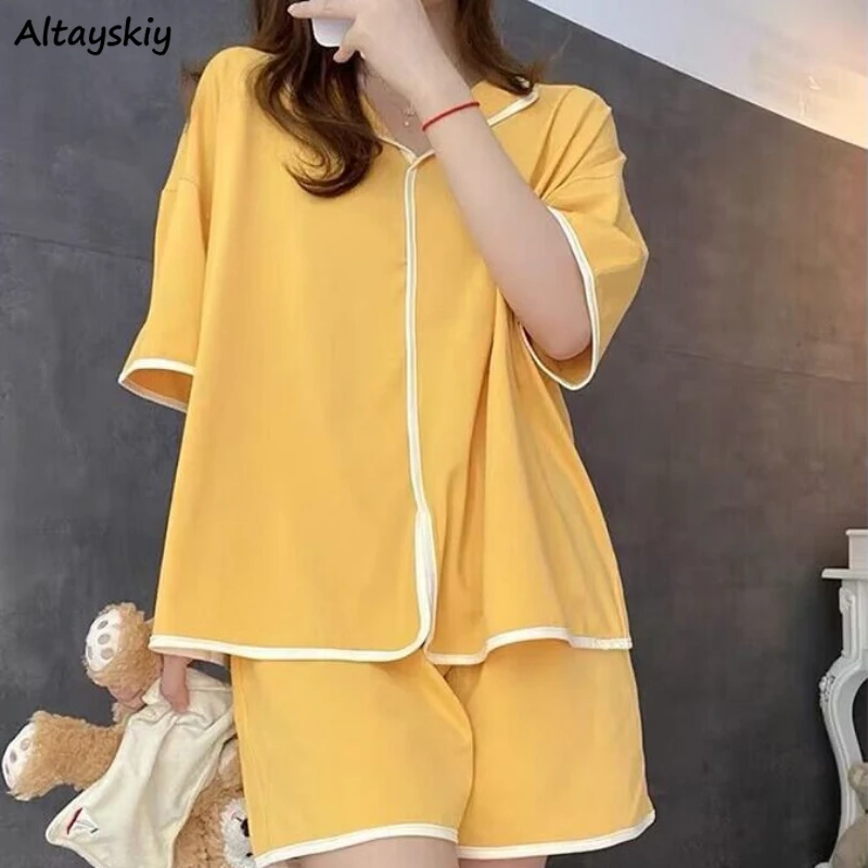 

Летние Пижамные комплекты из двух предметов, Женские Простые Топы с коротким рукавом, мешковатые шорты, удобная Симпатичная повседневная домашняя одежда из хлопка