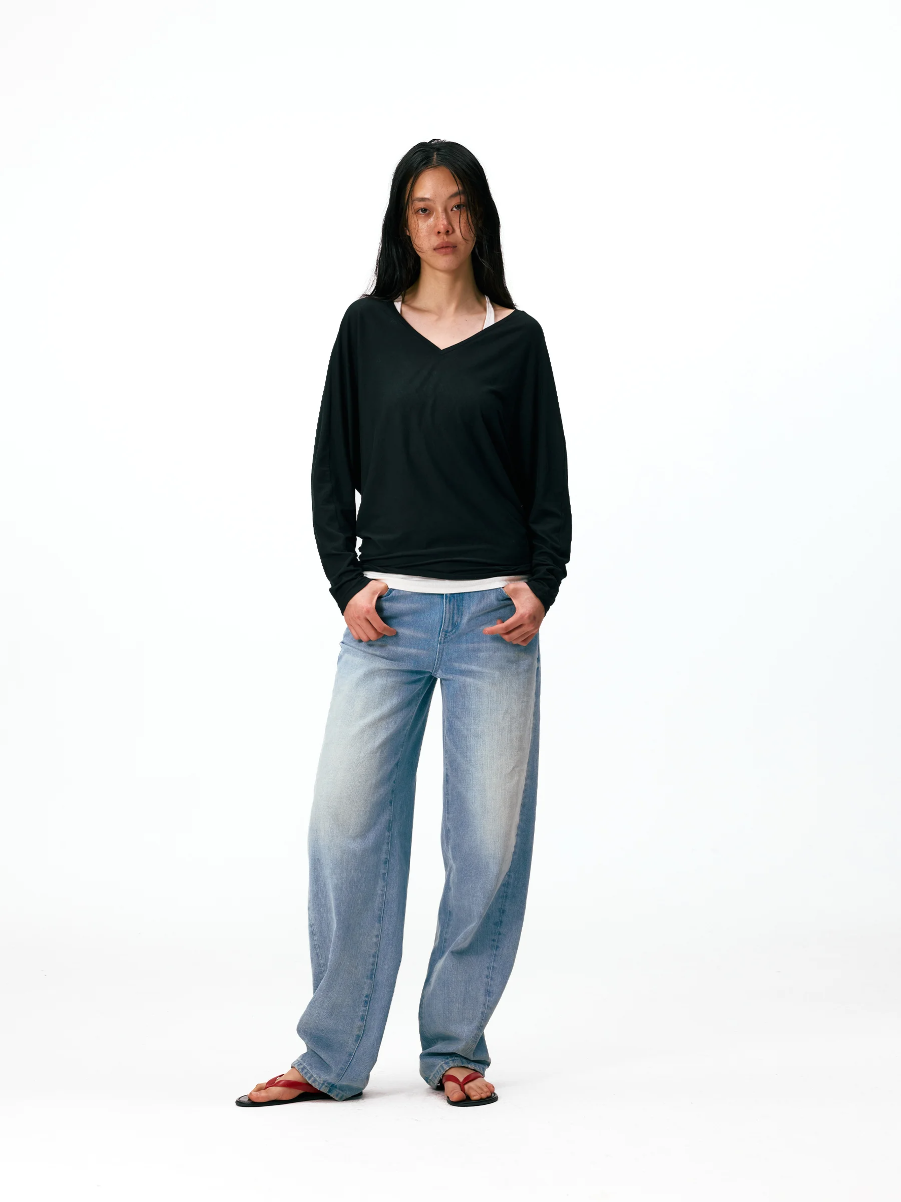 

Loose Long Sleeve T-Shirt Deep V Neck Breathable Comfortable Cotton Polyester Blend Citywalk Commute Casual Style Ladies Top