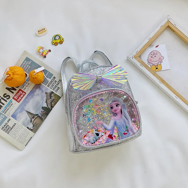 Disney Frozen Backpack Sequins Frozen Elsa Anna Princess Children\'s Backpack Fashion Girl Kawaii PU Leather Travel Backpack Gift