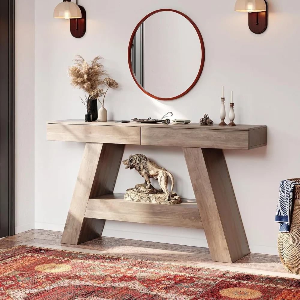 

Стол-консоль в стиле фермерского дома 55 дюймов с 2 ящиками, узкий консольный столик за диван для прихожей, коридора, гостиной, цвет: рустик-дуб