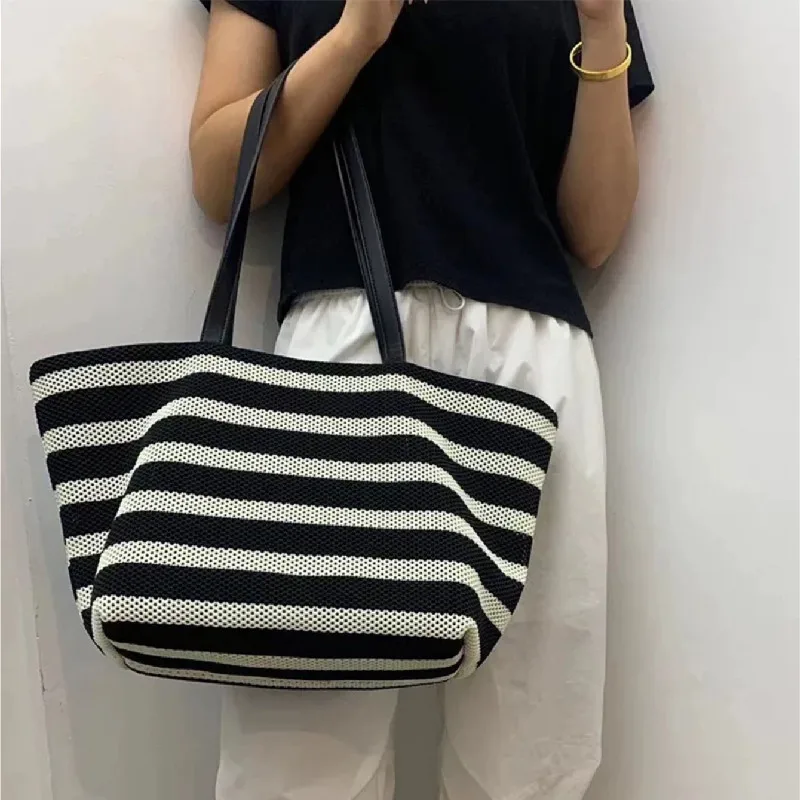 

Printed Sweet Woven Tote Bag Large Capacity Breathable Shopping Straw Bag Solid Color Polyester Hollow Shoulder Pouch Daily