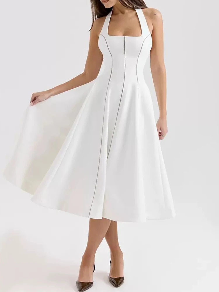 2025년 여름 패치워크 레이스, 컷아웃, 섹시한 백리스, 네크라인, 보타이, 허리를 잘록하게 잡아주는 A라인 푹신한 스커트가 돋보이는 여성 드레스