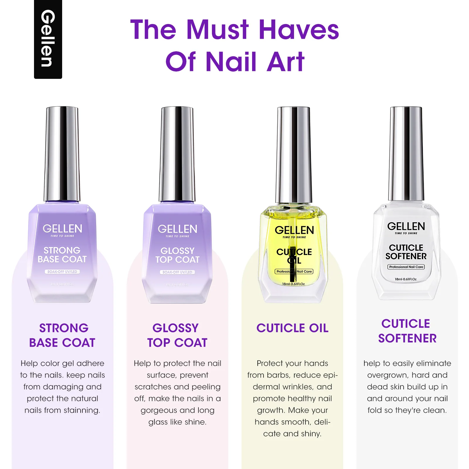 

GELLEN 4pcs Nail Care Kit Cuticle Oil Remover Liquid Softener Gel Base Top Coat 18ml Manicure Salon Home DIY Nail Art Set