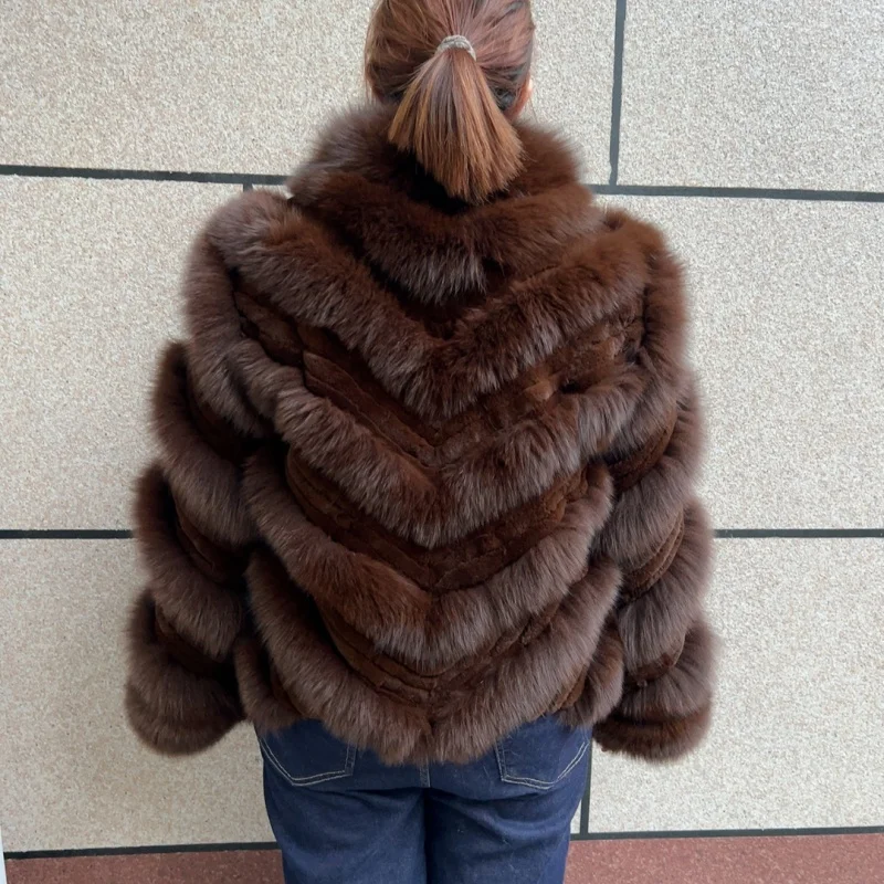 Nuevo Abrigo de Piel de Zorro Real Mixta para Mujer y Abrigo Grueso de Piel de Conejo Rex, Estilo en V, Chaqueta de Piel de Zorro Natural Mixta para Mujer, Invierno