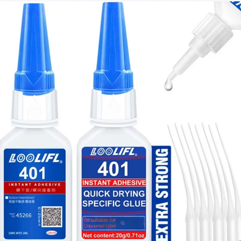 401 Super Pegamento Adhesivo universal de secado rápido diseñado específicamente para unir madera, plástico, caucho y reparar zapatos