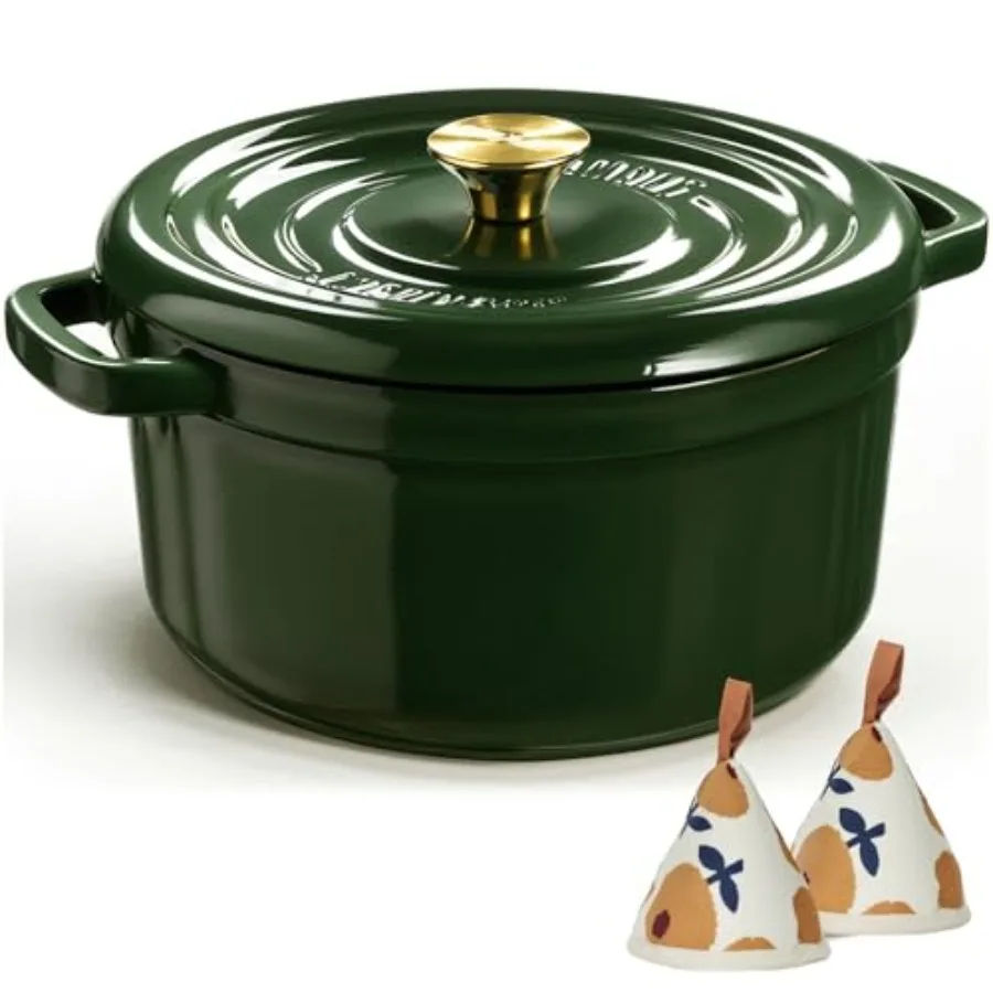 

Эмалированная чугунная жаровня (голландская печь) 5QT с крышкой – Прочная посуда для тушения, запекания, приготовления хлеба, цвета мха, с поддоном