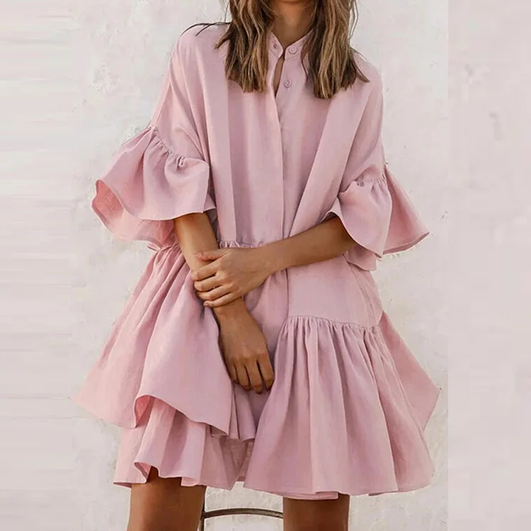 Elegant Pure Color Chiffon Loose Women's Dress Cleanfit Style H Version Polyester Fabric with Puffy Sleeves Short Sleeve