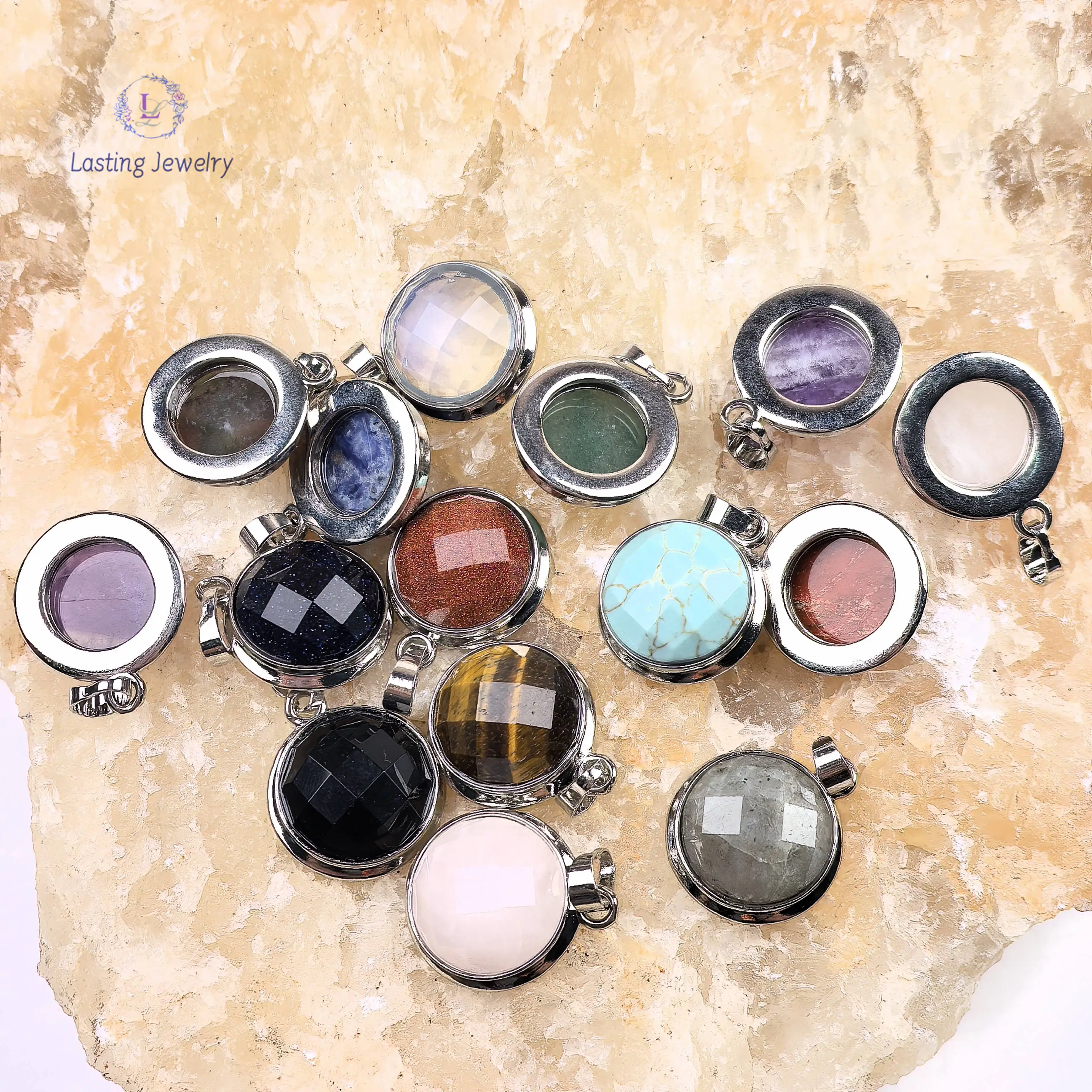 

Faceted Round Cabochon Gemstone Pendants Turquoise Red Jasper Opal Amethyst Rose Quartz Charms For Necklace Jewelry Making