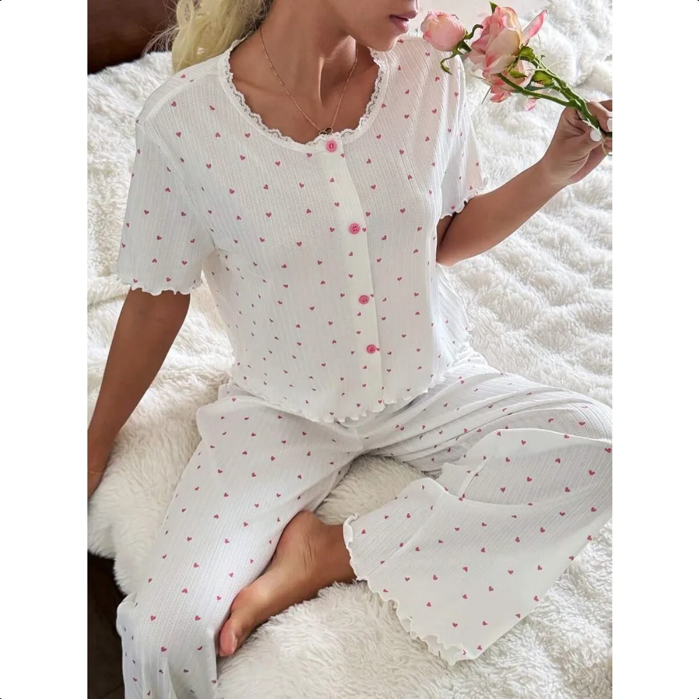 

Pink Heart Lace Trim 2Pcs Pajama Set, Women Short Sleeve Top and Pants Sleepwear