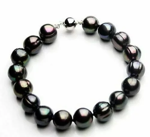 Beautiful AAA+11-12mm Nanhai genuine black Baroque pearl bracelet 7.5-8 inch 14k