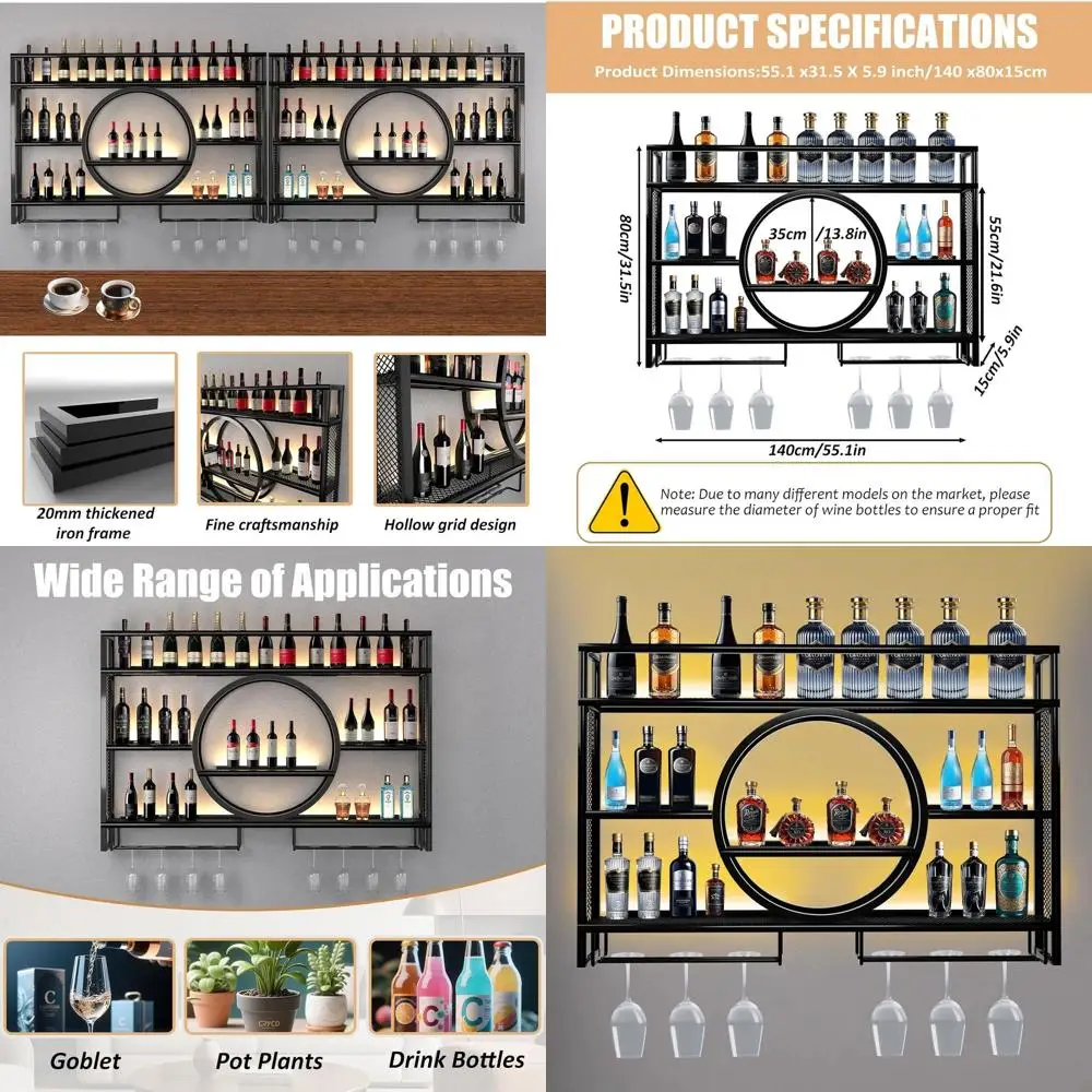 

3-ярусная настенная винная полка со светодиодной подсветкой и держателем для бокалов для домашнего бара или столовой (черная, 140x80x15 см)
