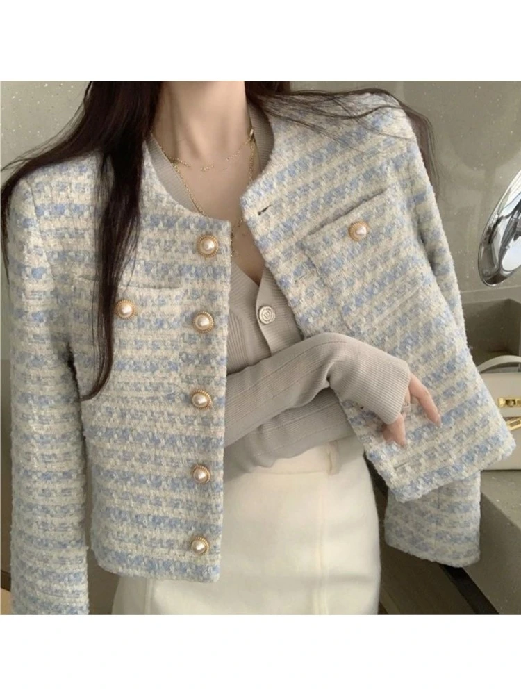 

Elegant Tweed Plaid Jacket Women Long Sleeves O-neck Single Breasted Cardigan Cropped Top Korean Fashion Autumn Female Clothing