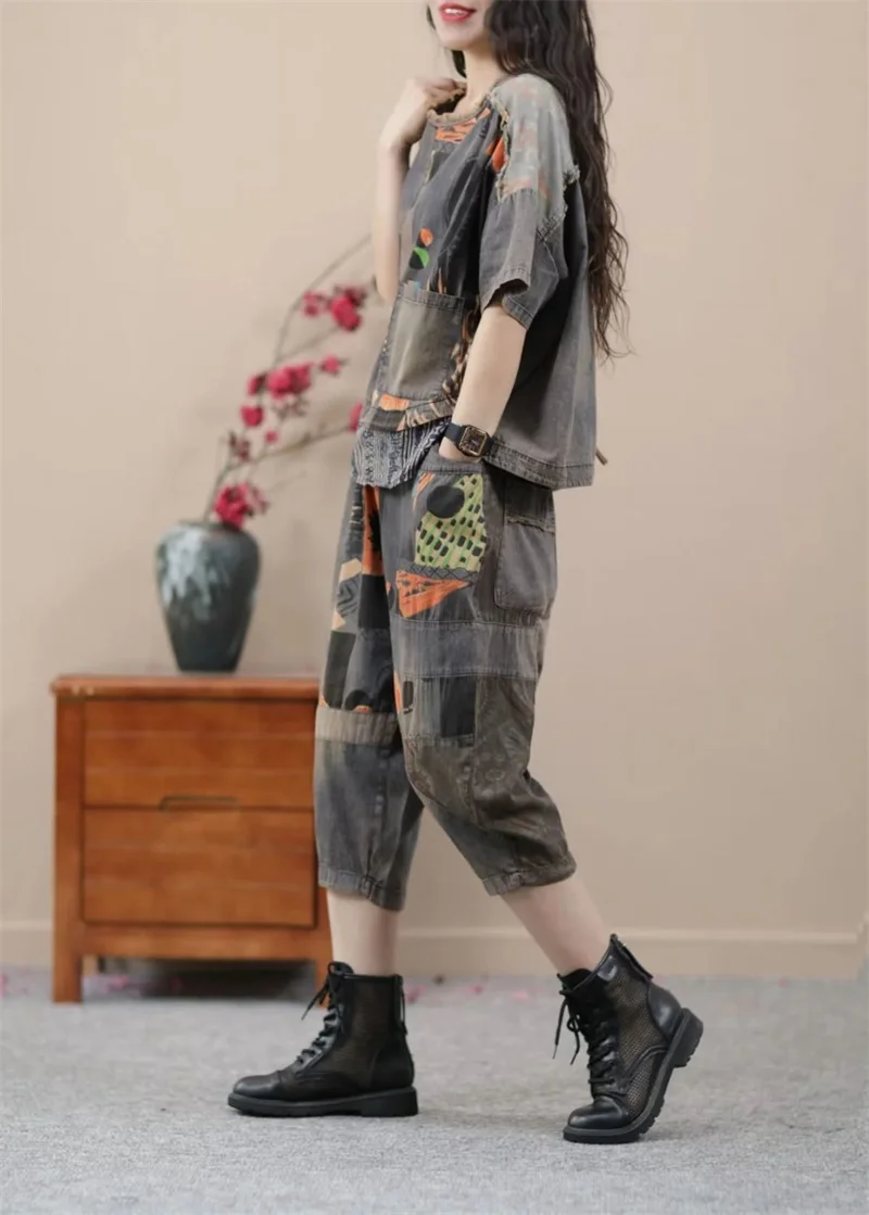 2024 Female Korean Ethnic Style Denim Harlan Pants Sets two-piece Women\'s Summer New Small Casual High-end Clothing Printing Set